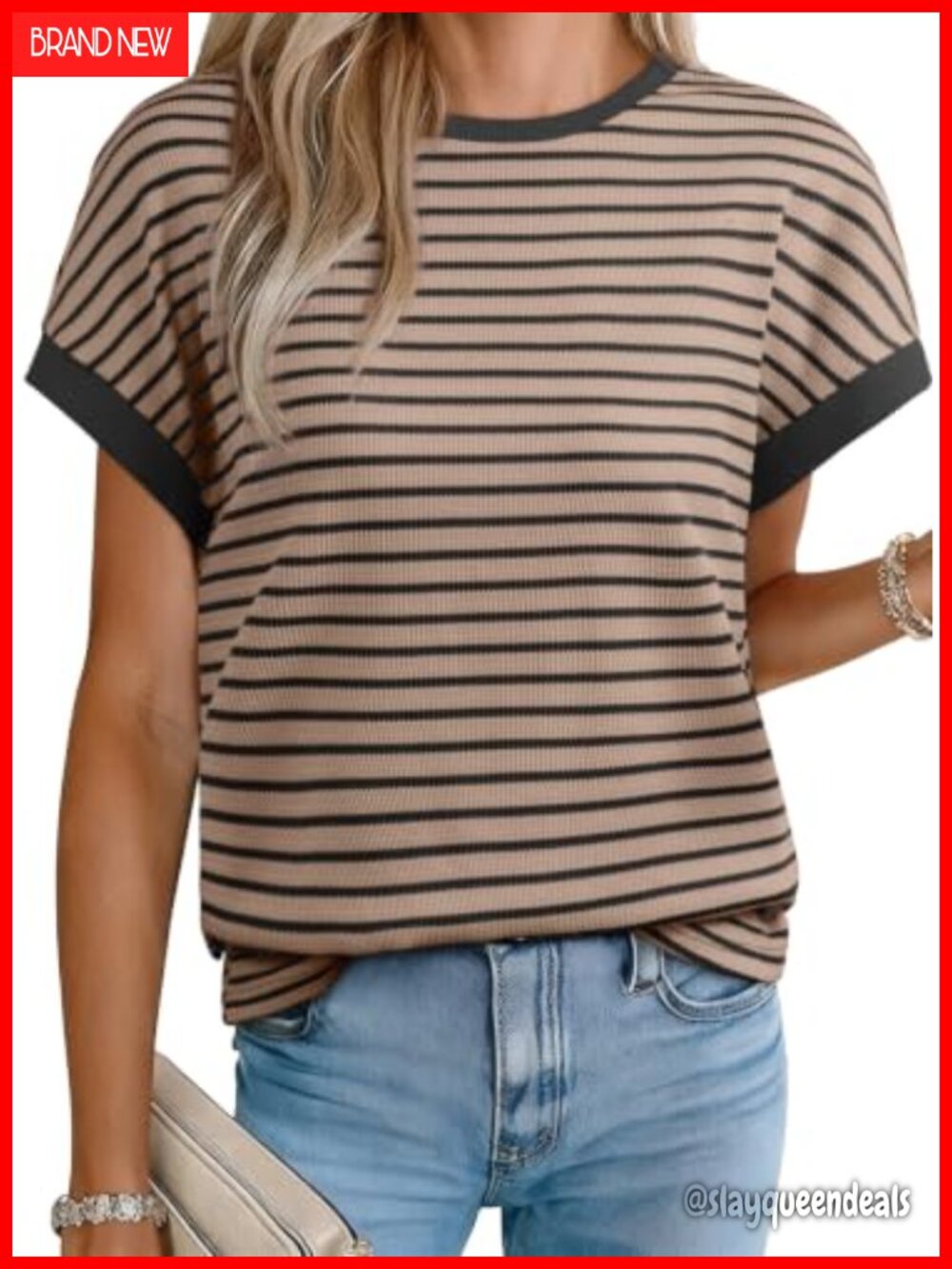 Acelitt Womens Striped Knit Top Short Batwing Sleeve Crew Neck Summer Shirt